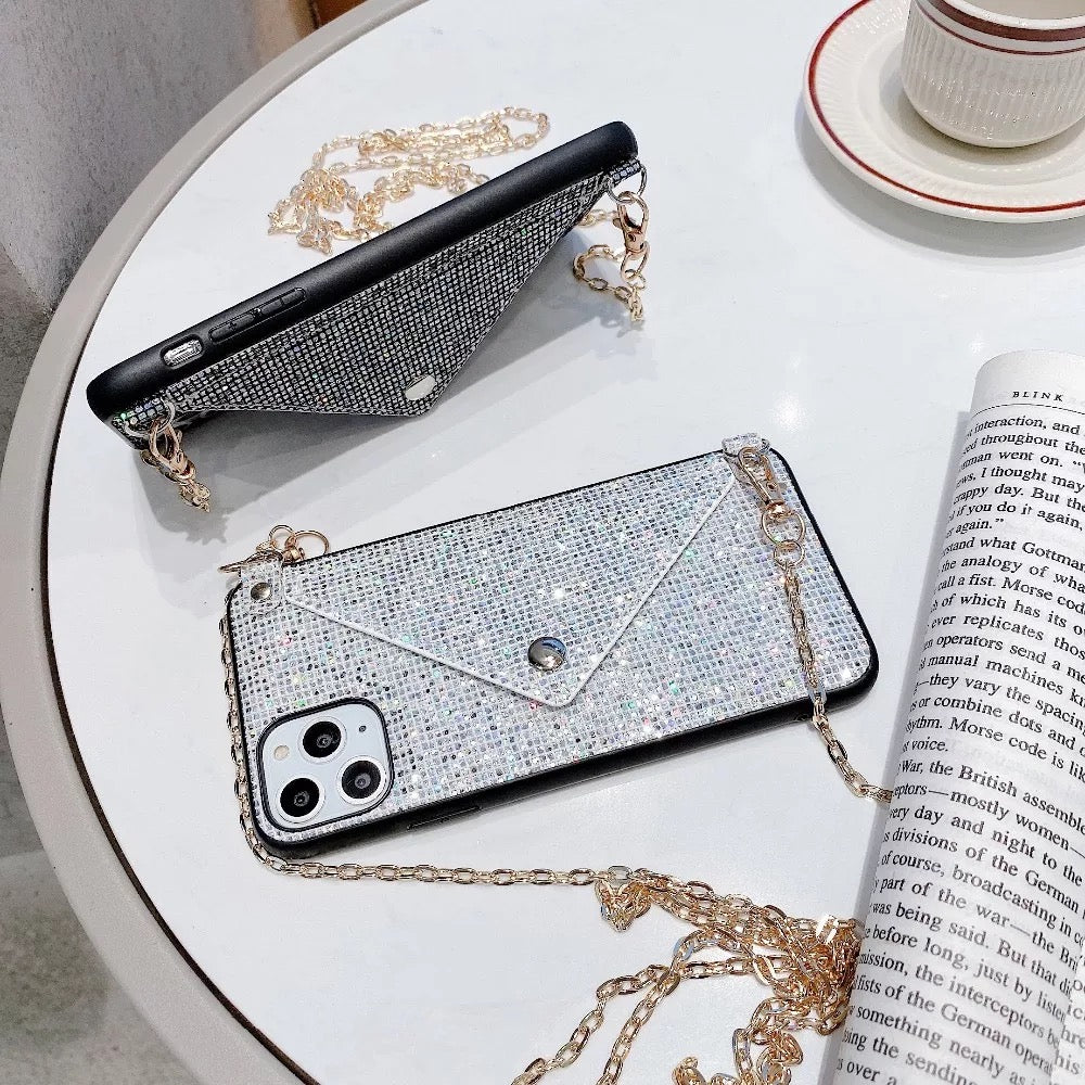 iPhone XS Max | Diamant Brieftaschen Hülle/Case zum Umhängen (Inkl. Edelstahl Kordel) HUELLENOUTLET.de